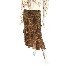 VTG Lauren RL Petite Brown Silk Leaf Print Tiered Ruffle Boho Midi Skirt P/S