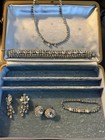 Vintage Rhinestone Parure Set Necklace, Wide Cuff & Tennis Bracelet, Earrings — photo 1