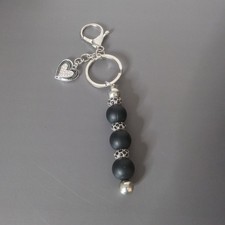 Handmade Black Silicone Beaded Keychain with Heart Charm