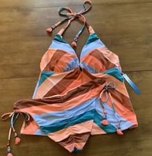 Lucky Brand Tankini Halter Top,Bikini Tie Bottom,Retro Swimsuit L