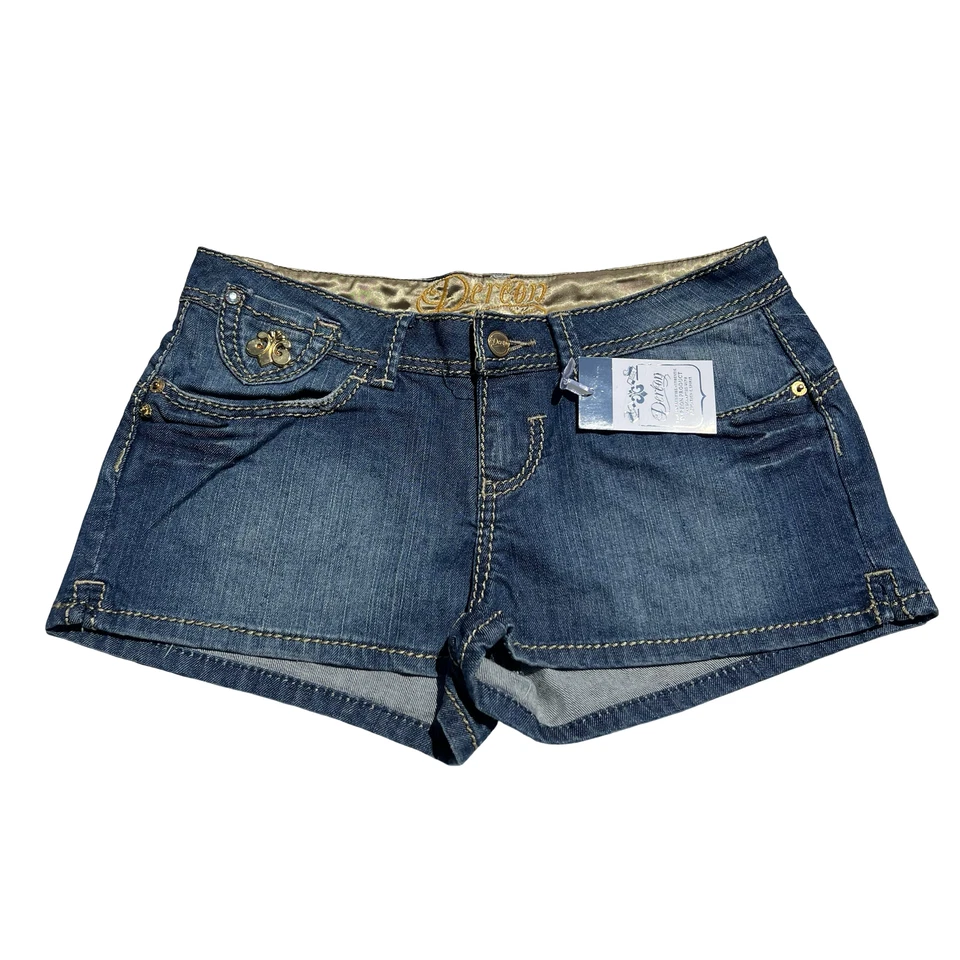 Pantalones Cortos De Colección Y2K Dereon Denim Booty Para Mujer 5/6 Azul Dorado Beyoncé Nuevo Antiguo Stock Foto 2 de 4