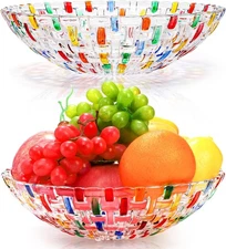 2 Pack Colorful Crystal Glass Fruit Bowls, 10" Hand Painted Large, 