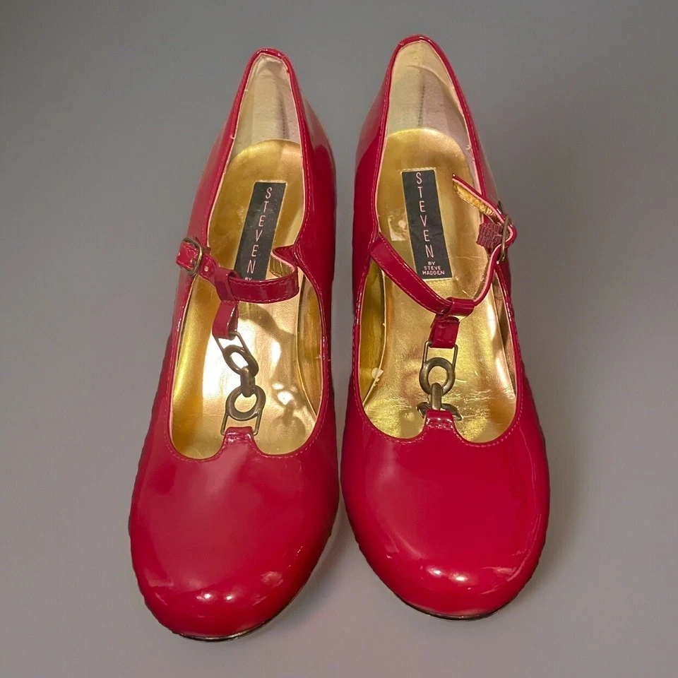 Steve Madden De Colección Para Mujer Rojo Charol T-Correa Bloque 3" Tacón Talla 8 Foto 2 de 4