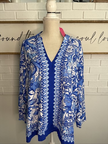 Neu mit Etikett Lilly Pulitzer Luna Bay Tunika blau Tang Beflockung fabelhaft XL UVP $ 148