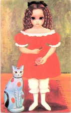 Vintage 1964 Margaret Keane Postcard Calico Cat Big Eyes Girl Postcard Unused