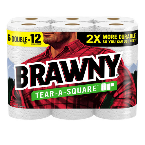 Brawny Tear-A-Square Paper Towels 6 Double Rolls = 12 Regular Rolls