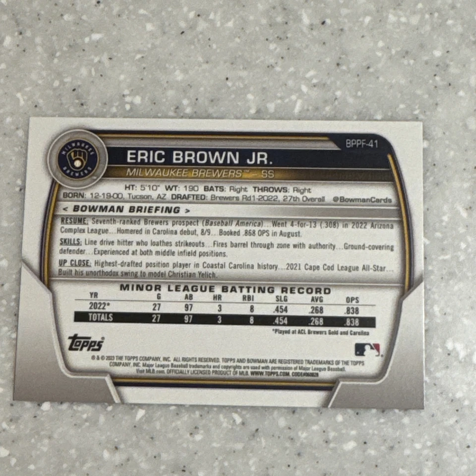 Eric Brown Jr. 2023 Bowman Prospects Paper #BPPF-41 1st Edition - Image 2 of 2