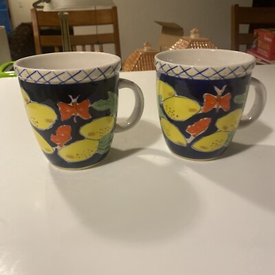 Starbucks 2003 Barista Mug Deep Blue Lemons Butterflies Tavalo 16 oz Mugs Set 2