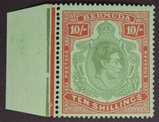 BERMUDA SG119a 1939 10/- Bluish Green & Deep Red /Green, P14, UMM Mint, Cat £200