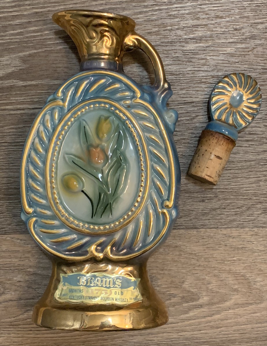 Vintage 1973 Jim Beam Gold and Blue Tulip Whisky Decanter