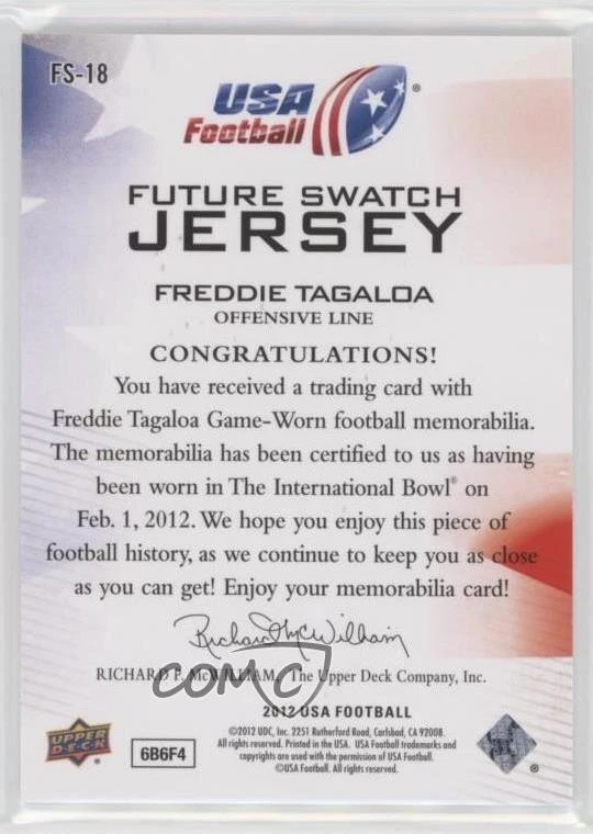 2012 Upper Deck USA Football Box Set Future Swatch Jersey Freddie Tagaloa #FS-18 - Image 2 of 2