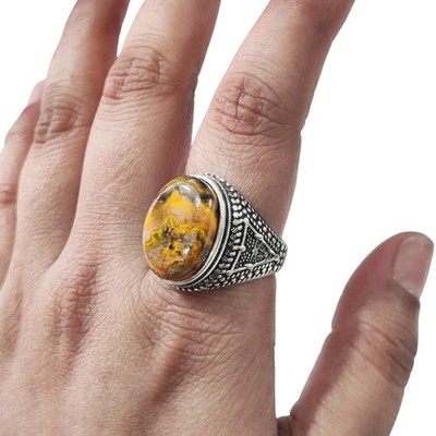 NATURAL BUMBLE BEE JASPER GEMSTONE 925 STERLING SILVER WEDDING HEAVY MENS RING