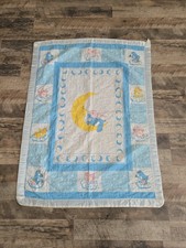 Vintage Care Bears Throw Baby Quilt Blanket 42 36  Blue Bedtime Bear Satin Edge