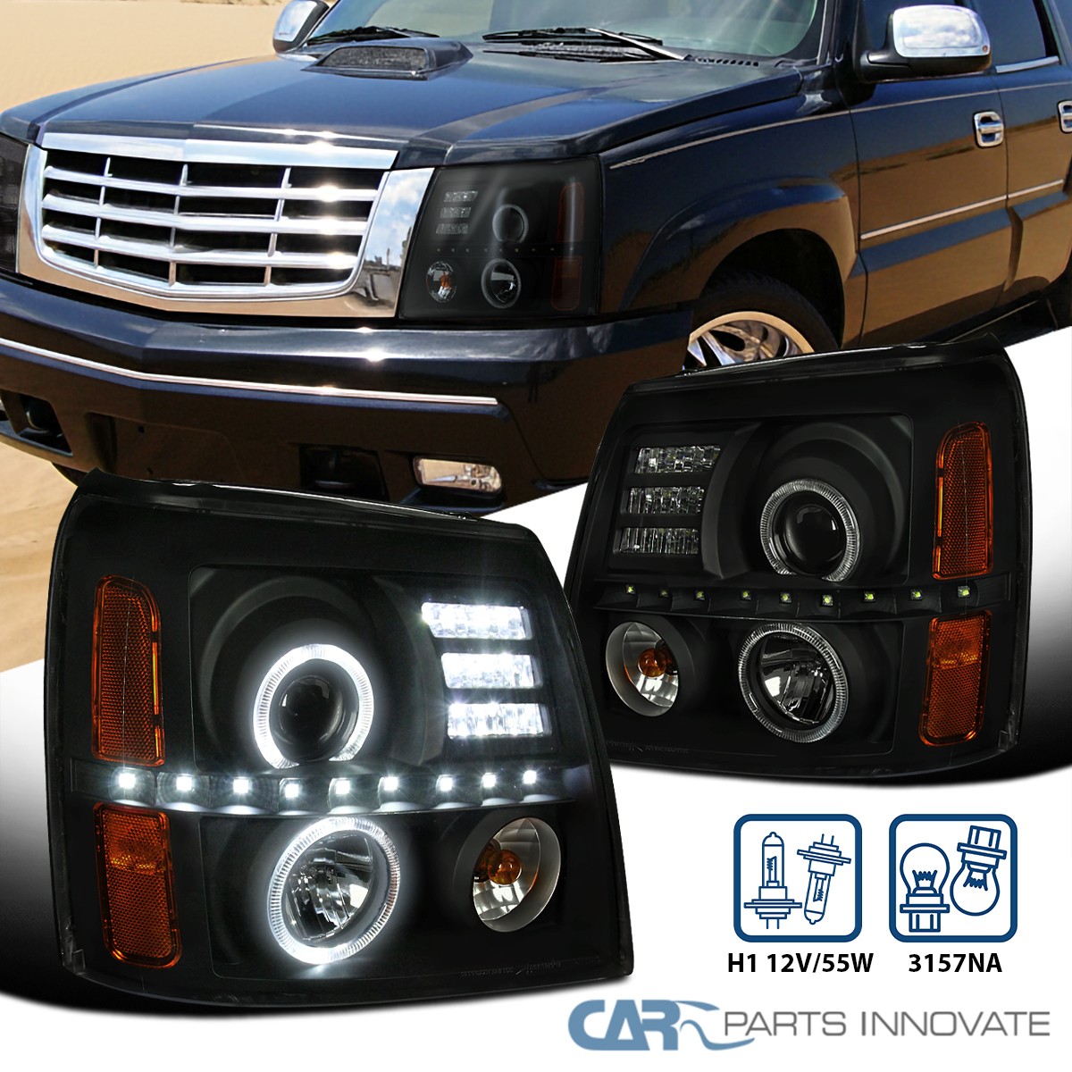 Fit 02-06 Cadillac Escalade Black Smoke LED Strip Dual Halo
