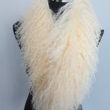 100% Real Mongolian lamb fur scarf with clip / collar/ Beige wrap /women cape