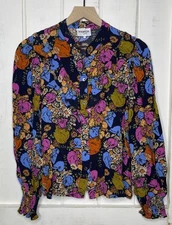 FRNCH Boho Hippie Chic Top Bold Floral Mix Pattern Ruffle Ruched Blouse Shirt XS