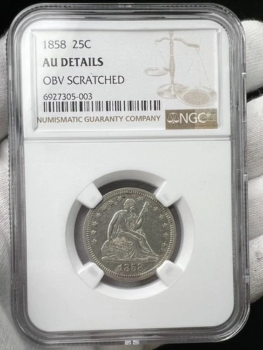 1858-P Seated Liberty Twenty Five Cent Piece 25c NGC AU Silver Coin