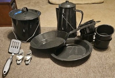 Camping Cookware. Hard Black Enamel Coated. Never Used. Good condition