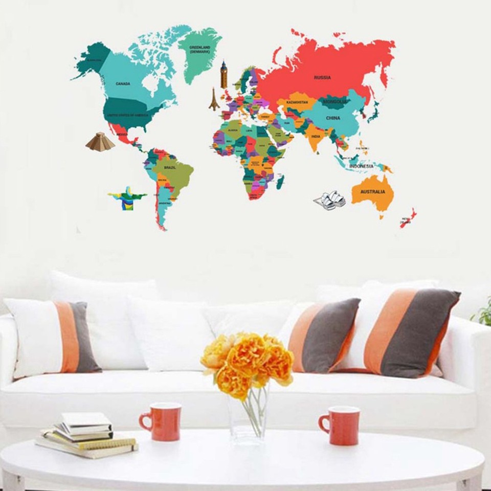1PC World Map Pattern Wall Sticker Removable Wall Decoration Mural ...