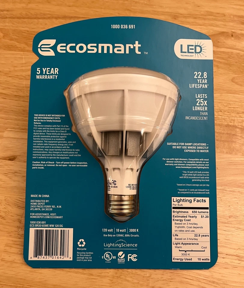 EcoSmart LED Light BR30 Bright White 650 lumens (65W Equiv) #1000 036 691 NEW - Image 3 of 4