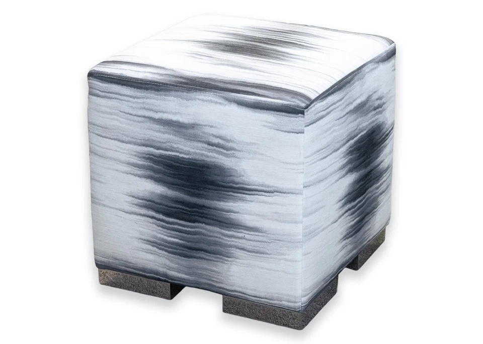 Pair of Richard Ross Designs Contemporary Modern White Grey Chrome Pouf Ottomans - Image 2 of 4