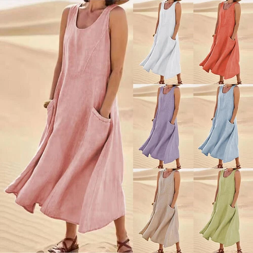 Women's Cotton Linen Maxi Dress Ladies Solid Pockets Sleeveless Summer Sundress - Picture 2 of 34