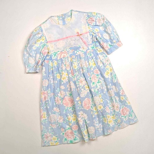 Vintage Dress Girls Sz 6x Pastel Floral Party 80s Cottagecore Bib Collar
