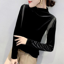 Top in Velluto con Frange per Donna Magliette Basic Blusa Collo Alto Slim Calda