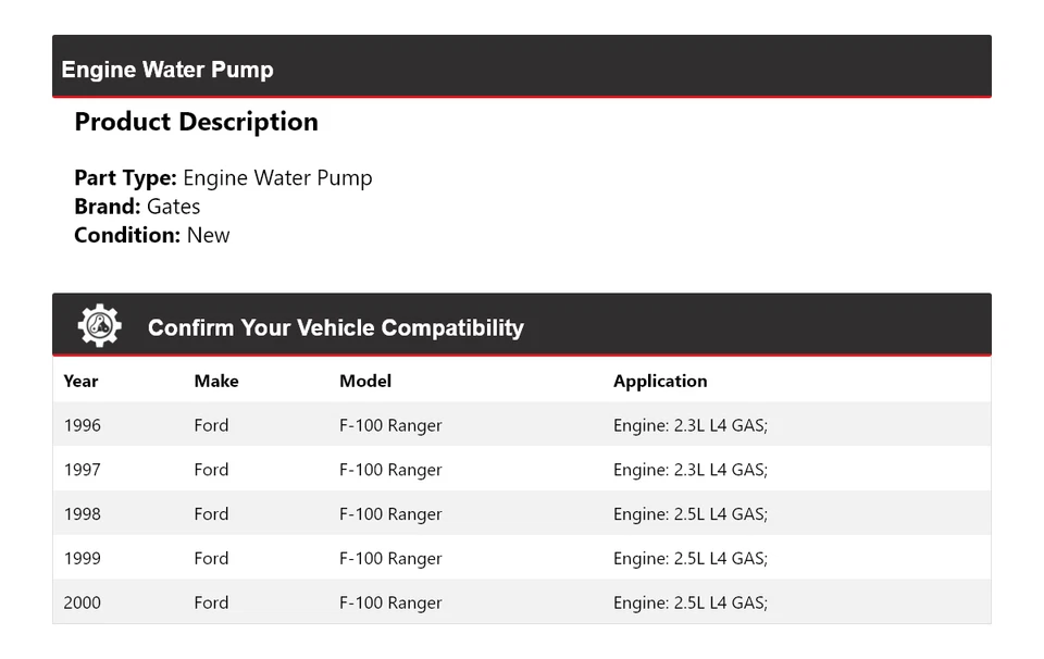 For 1996-2000 Ford F-100 Ranger Engine Water Pump Gates 1997 1998 1999 - Image 2 of 4