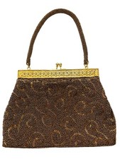 VTG Gold Beaded Purse Evening Bag Hand Crafted 8.5  X 6  Mint Spiral Pattern