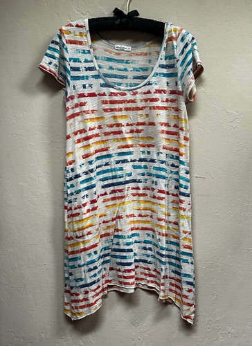 Allen Allen Womens Scoop Neck Multicolor Striped Short Sleeve Tunic Top Medium 
