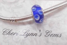 AUTHENTIC STERLING SILVER BLUE & WHITE BUBBLES LAMPWORK GLASS CHARM BEAD & POUCH
