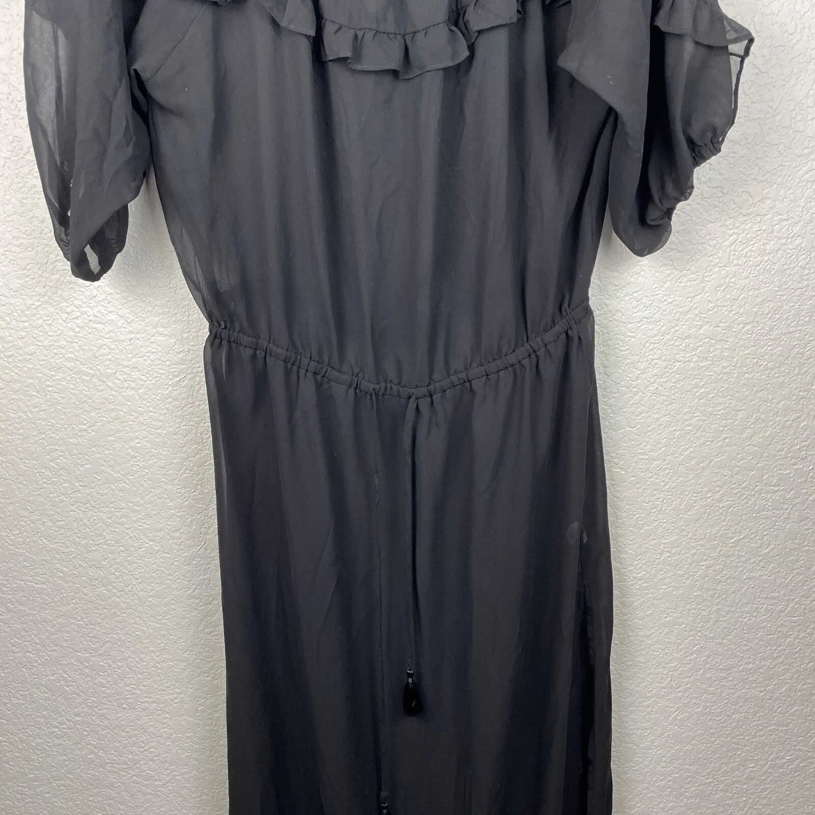 UNDERCOVER Maxi abito Y2K Victoria’s Secret grande nero arricciato nappa cravatta spacco trasparente gotico