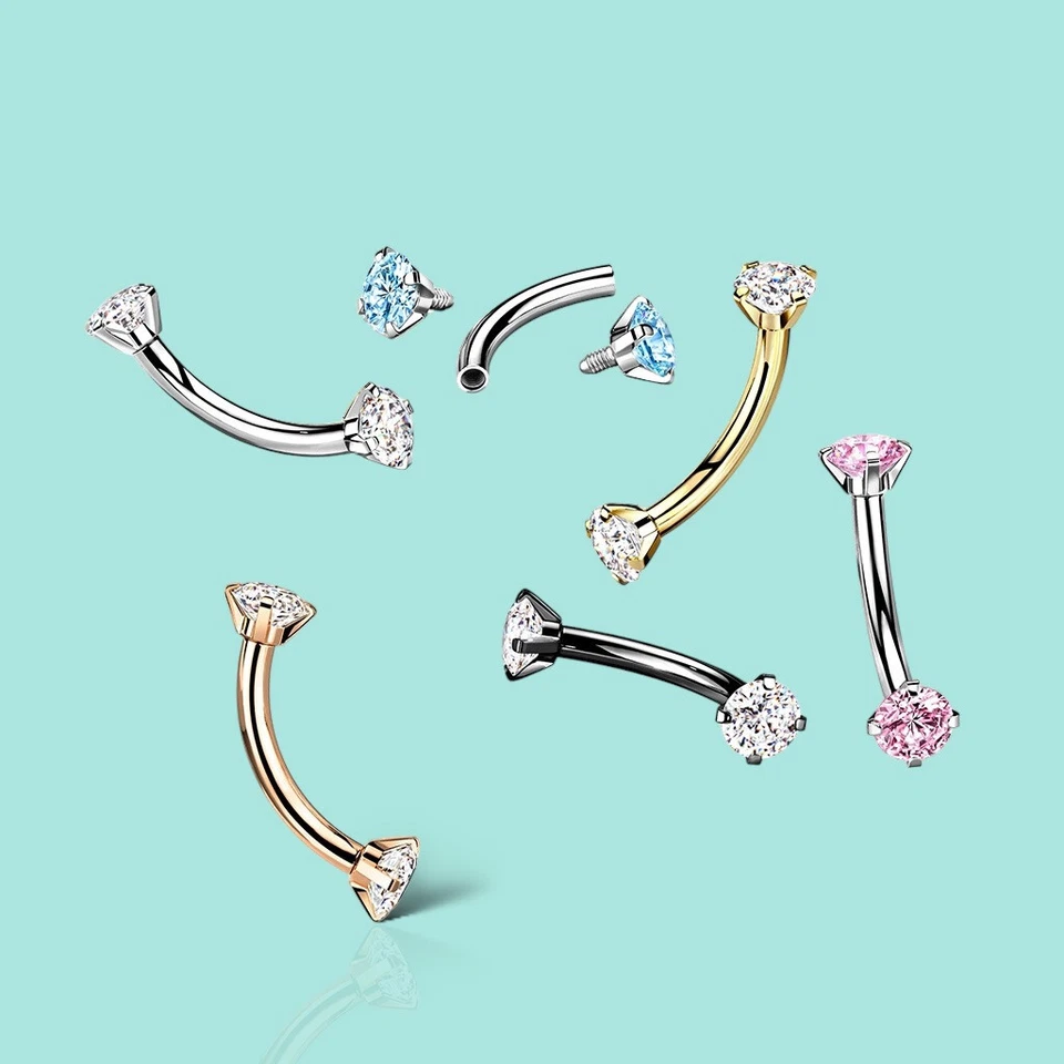 G23 Titanio Sólido 16G Anillo para Cejas Barra Curvada Juego de Puntas Circonita Gema de Cristal 8mm Foto 4 de 4