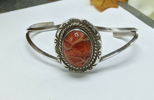 M. Christie Navajo Sterling Silver with a Red Sponge Coral Classic Cuff Bracelet - Picture 7 of 7