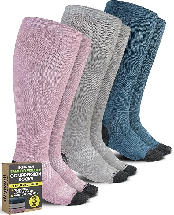 3 Pairs Bamboo Multi Size Compression Socks Wide Calf for Women and Men 8-15mmHG