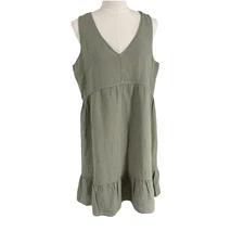 Cynthia Rowley Womens Linen Mini Dress Large Sage Green Ruffle Lagenlook Coastal