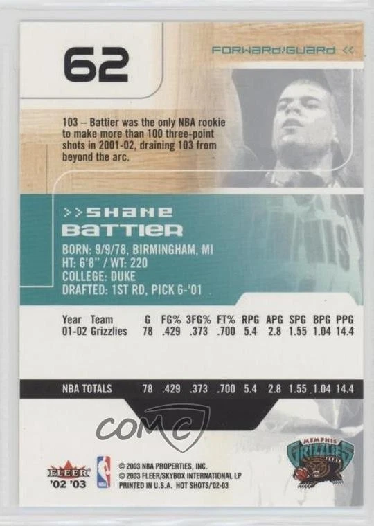 2002-03 Fleer Hot Shots Shane Battier #62 - Image 2 of 2