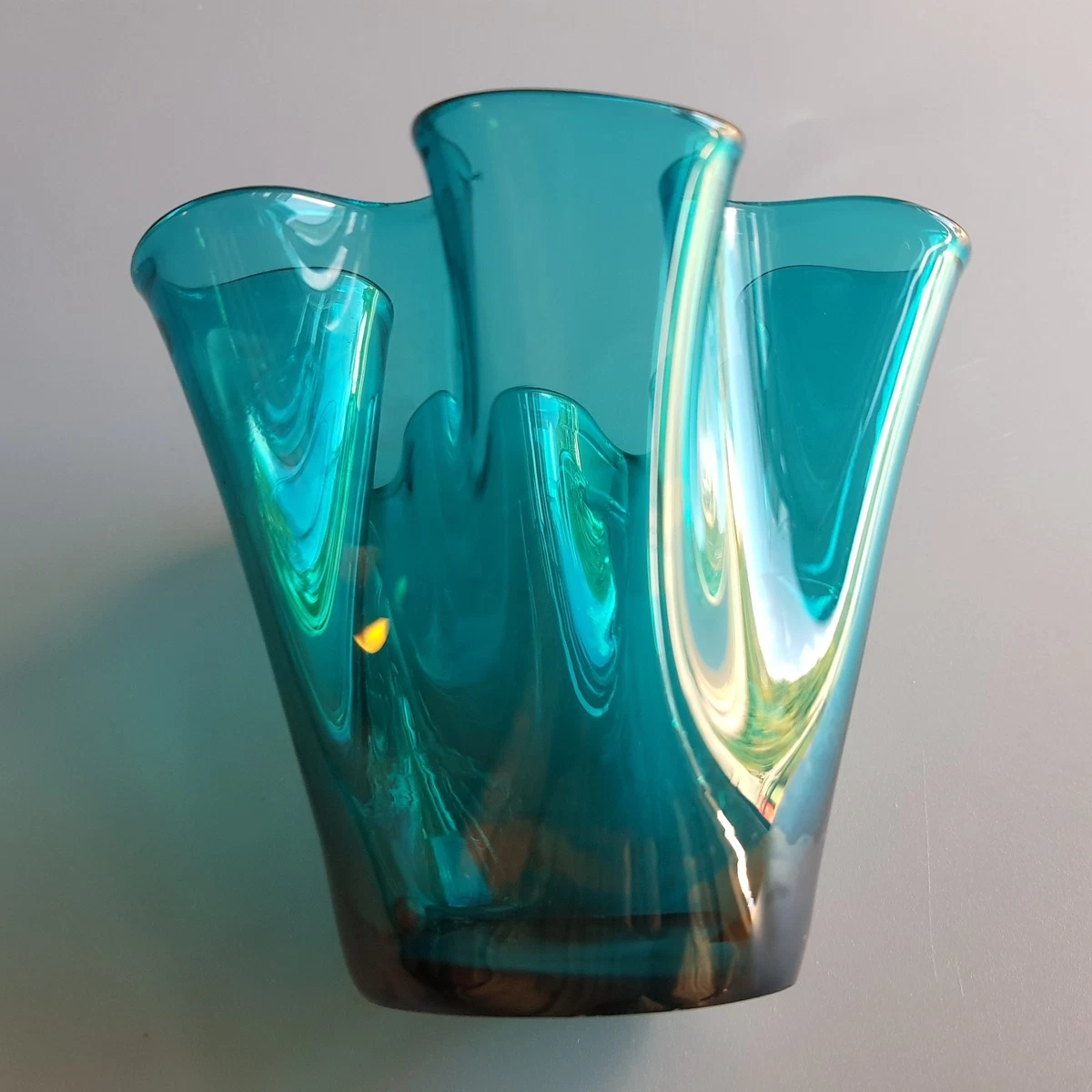 Venetian art glass handkerchief vase turquoise blue 9cm hand blown 1960s Italy