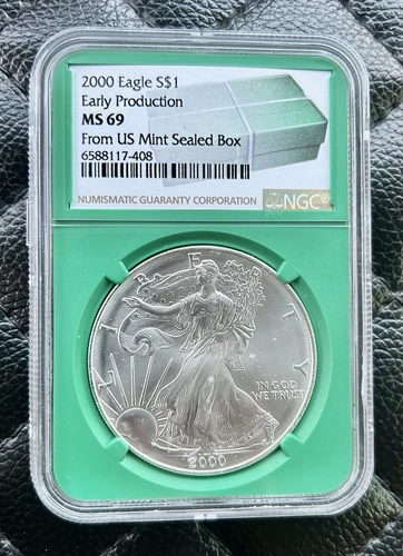 2000 SILVER EAGLE NGC MS69 EARLY PRODUCTION FROM US MINT SEALED BOX GREEN CORE