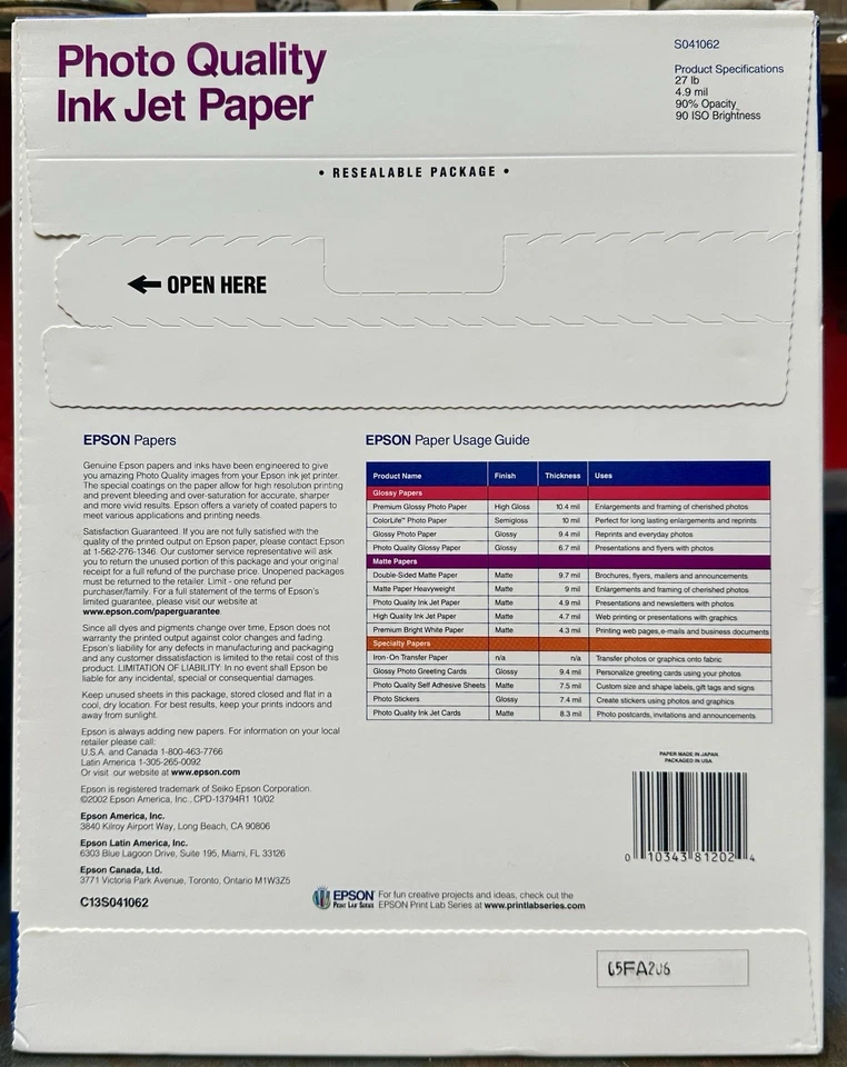 New Sealed EPSON Photo Quality Ink Jet Paper S041062 Matte 8.5x11 100 Sheets OEM - Image 2 of 3