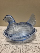 Vintage Indiana Glass Light Blue Hen on Nest Covered Dish 7&rdquo; Candy Dish