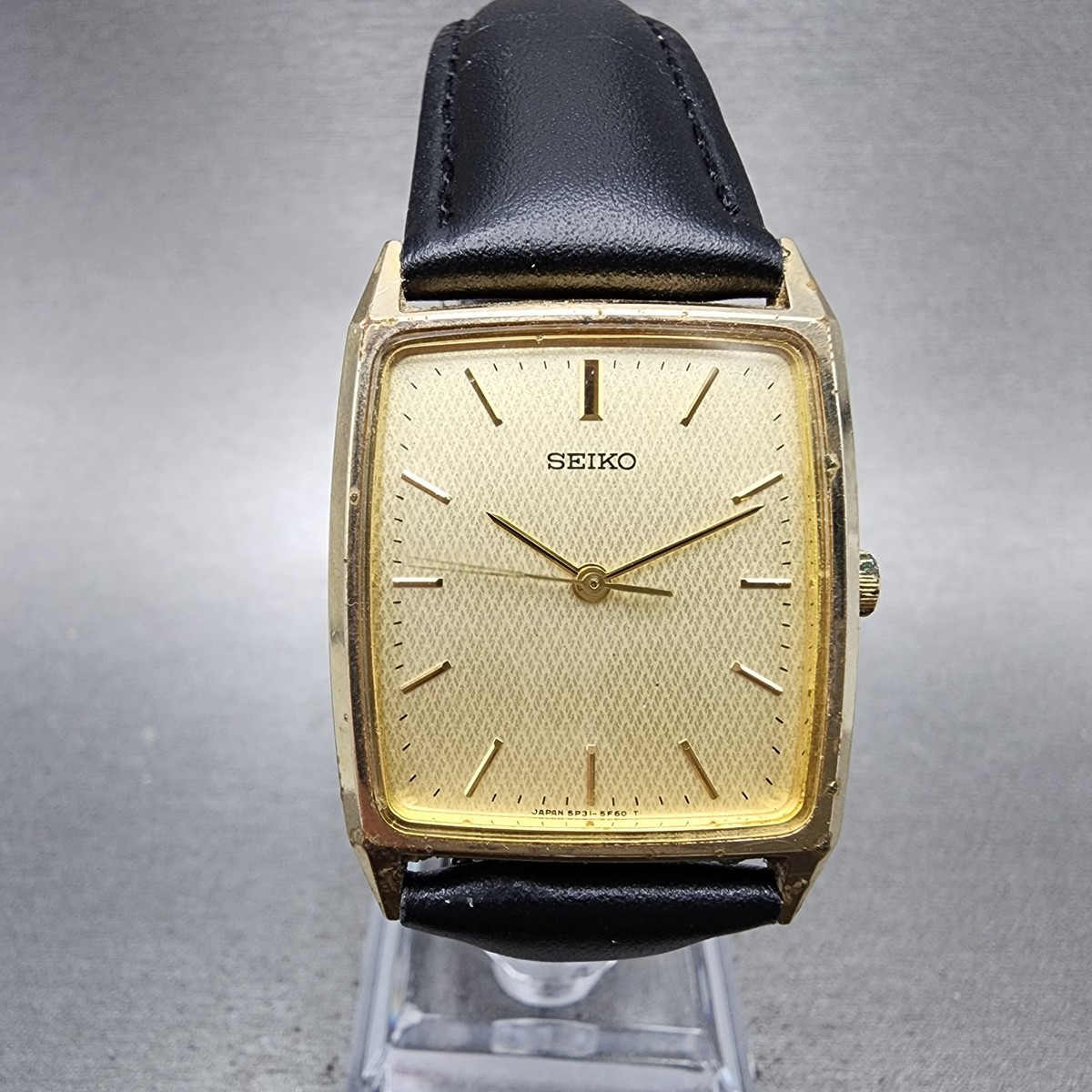Seiko Tank Watch Men 27mm Champagne Dial Gold Tone Rectangle 5P31
