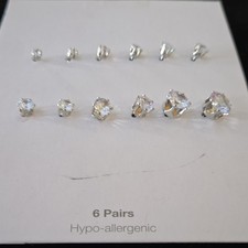 6 Pairs Hypo-allergenic Crystal Stud Earrings Silver Clear Round Butterfly