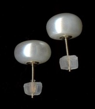 14K Solid Yellow Gold 9mm Round Cream White Pearl Bead Solitaire Earrings -eb