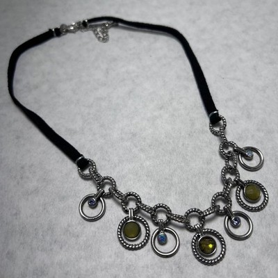 Lia Sophia 19'' Black Cord Choker Necklace Silver Tone Chain Charms Spumoni