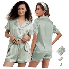 3Pcs Silk Pajamas XS-4XL Womens Satin Pajama Short Floral Small Sage-w