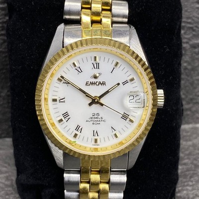 Rare ENICAR Automatic Roman Index Mid Size White Dial Watch Two Tone Men Vintage