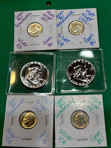 SILVER COIN LOT  2 1961 BEN FRANKLIN HALF DOLLAR  PROOFS AND 4 SILVER DIMES