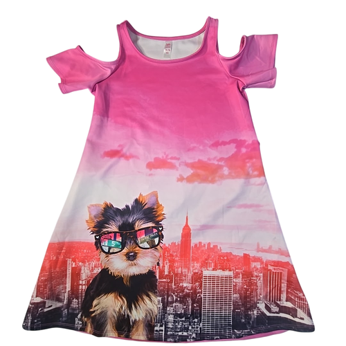 Justice Girls Puppy Dog in the City Pink Dress XL 14/16 Cold Shoulder A Line